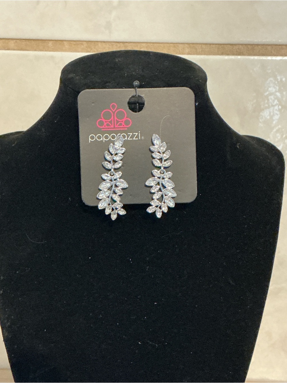 Paparazzi Silver Crystal Leaf Vine Drop Earrings